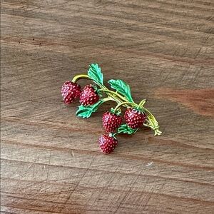 Vintage Metal Strawberry Brooch with Green Leaves